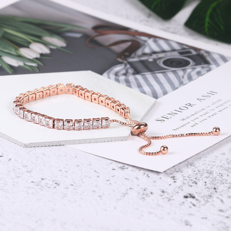 Rose Gold Plated Square Cut Cubic Zirconia White Matrix Tennis Bracelet