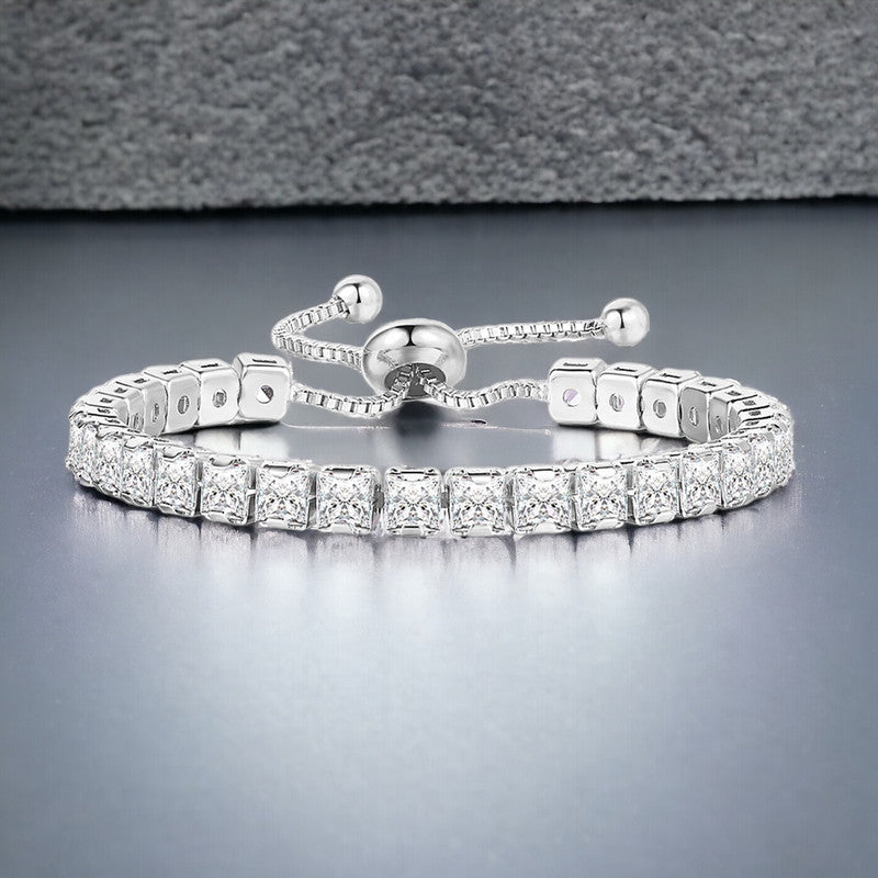 Silver Plated Square Cut Cubic Zirconia White Matrix Anti Tarnish Tennis Bracelet