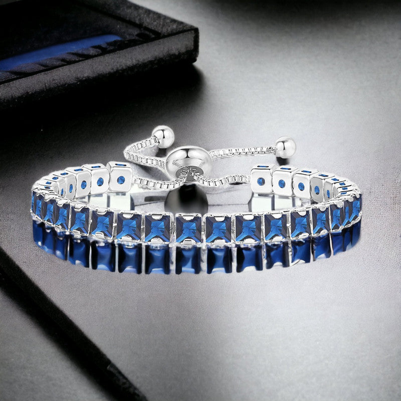 Silver Plated Square Cut Cubic Zirconia Navy Blue Matrix Anti Tarnish Tennis Bracelet