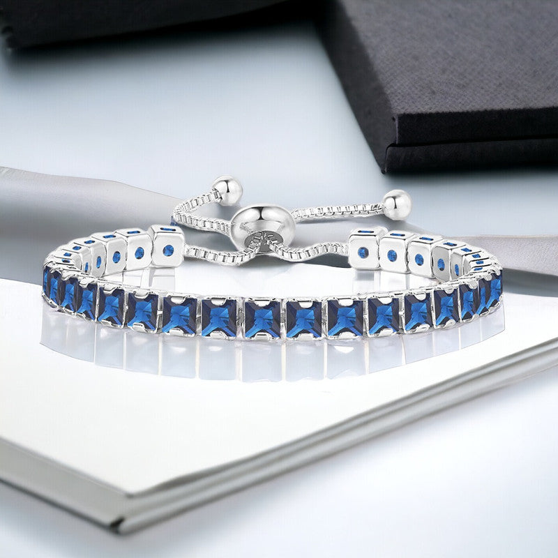 Silver Plated Square Cut Cubic Zirconia Navy Blue Matrix Anti Tarnish Tennis Bracelet