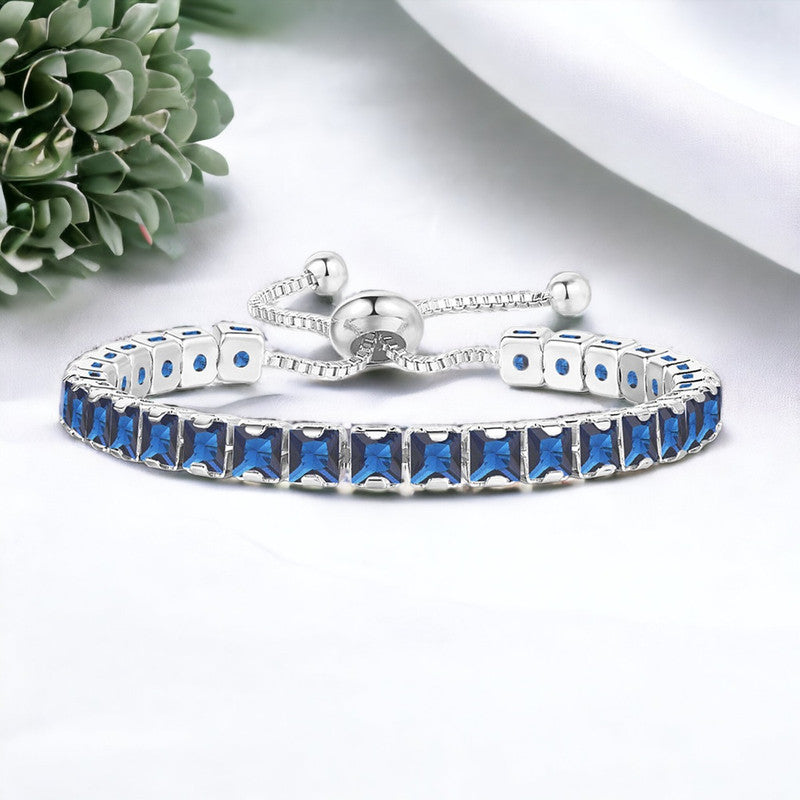 Silver Plated Square Cut Cubic Zirconia Navy Blue Matrix Anti Tarnish Tennis Bracelet