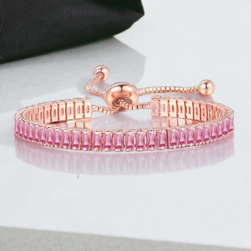 Rose Gold Plated Rectangular Cut Cubic Zirconia Pink Matrix Tennis Bracelet