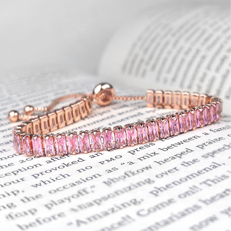 Rose Gold Plated Rectangular Cut Cubic Zirconia Pink Matrix Tennis Bracelet