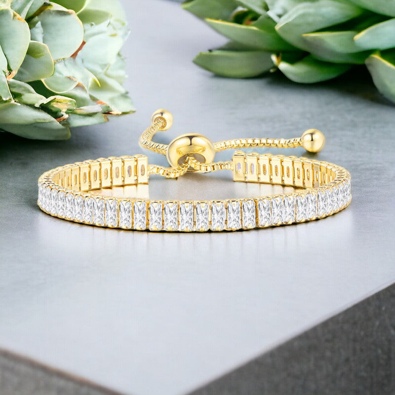 Gold Plated Rectangular Cut Cubic Zirconia White Matrix Tennis Bracelet