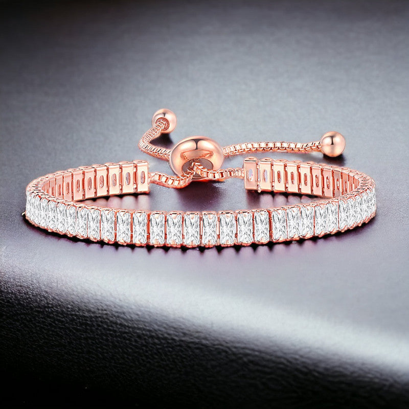 Rose Gold Plated Rectangular Cut Cubic Zirconia White Matrix Tennis Bracelet