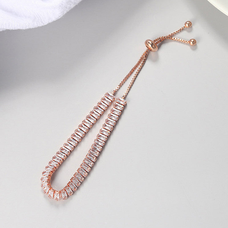 Rose Gold Plated Rectangular Cut Cubic Zirconia White Matrix Tennis Bracelet