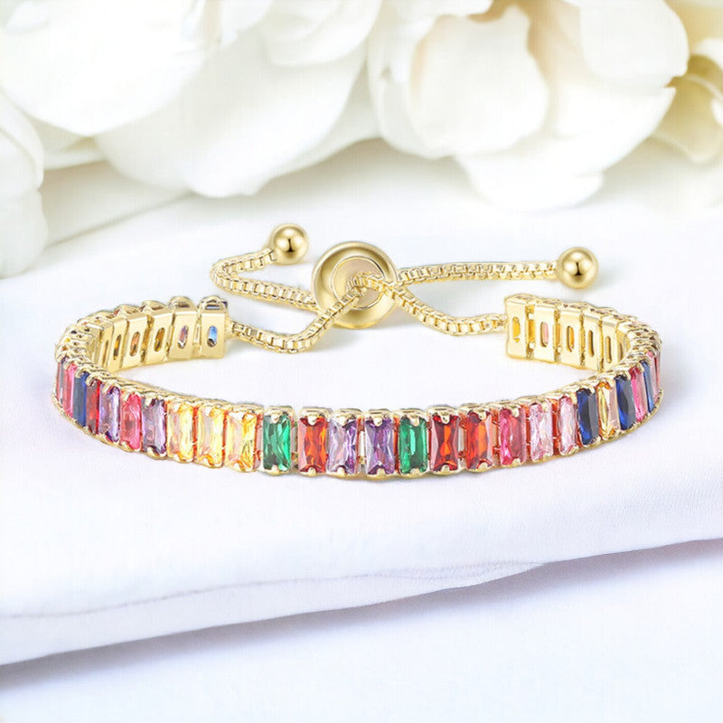 Gold Plated Rectangular Cut Cubic Zirconia Multicolor Matrix Tennis Bracelet