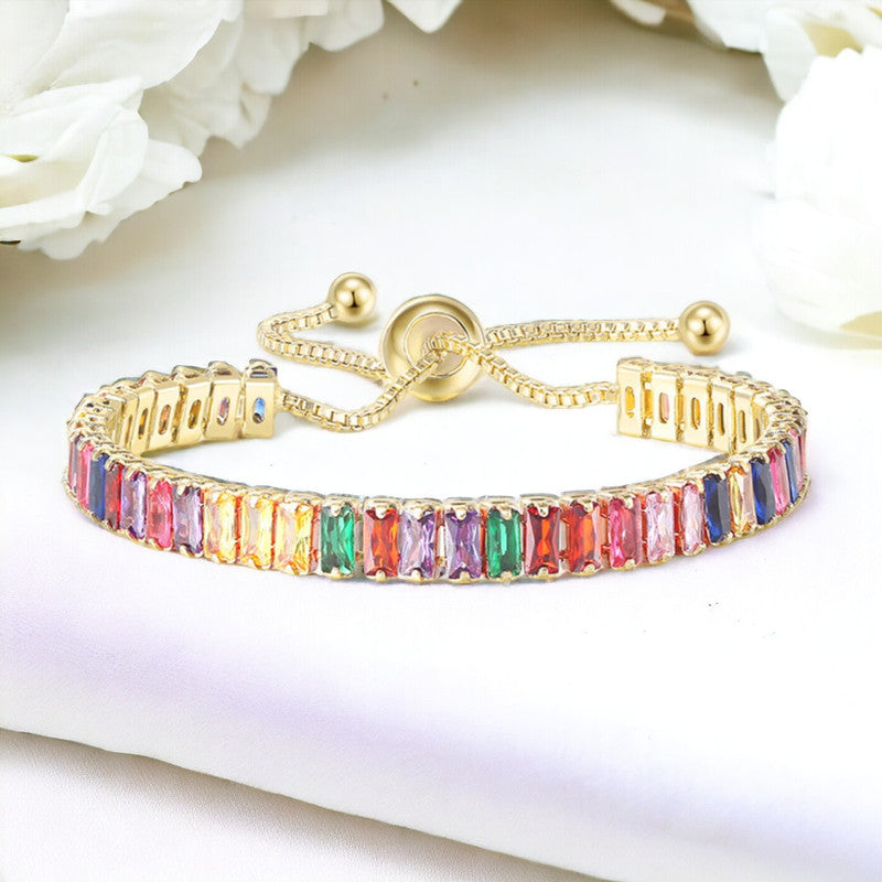 Gold Plated Rectangular Cut Cubic Zirconia Multicolor Matrix Tennis Bracelet