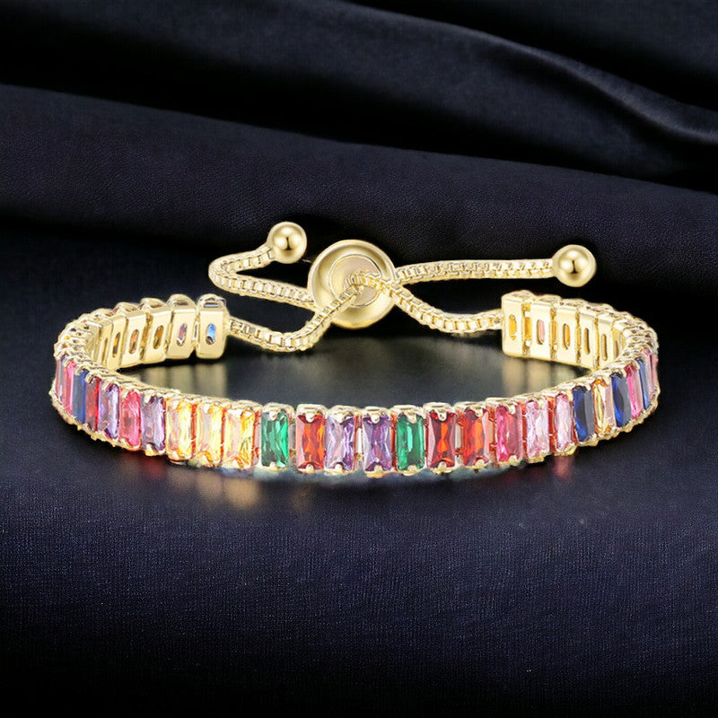 Gold Plated Rectangular Cut Cubic Zirconia Multicolor Matrix Tennis Bracelet