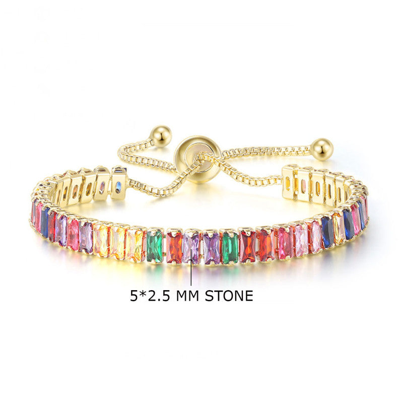 Gold Plated Rectangular Cut Cubic Zirconia Multicolor Matrix Tennis Bracelet