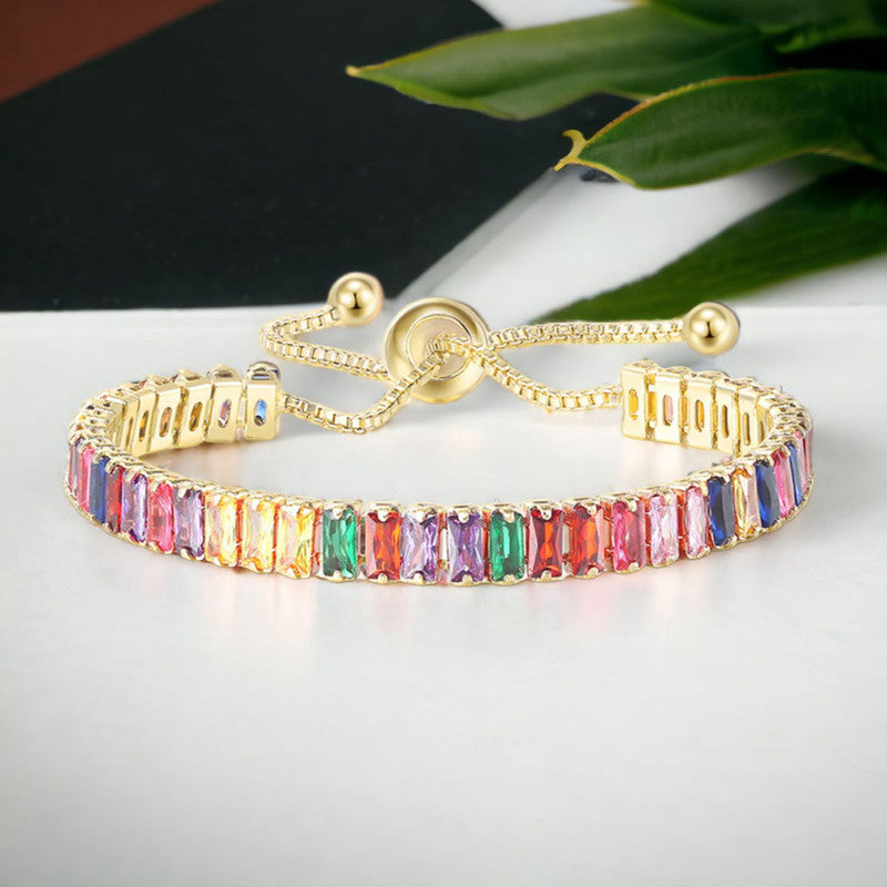 Gold Plated Rectangular Cut Cubic Zirconia Multicolor Matrix Tennis Bracelet