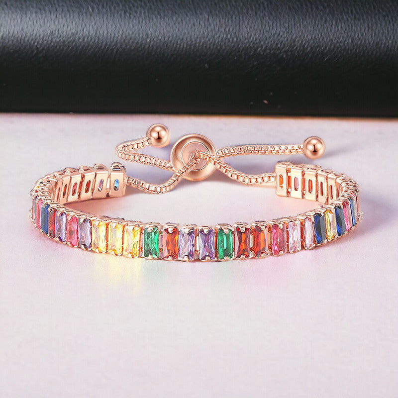 Rose Gold Plated Rectangular Cut Cubic Zirconia Multicolor Matrix Tennis Bracelet