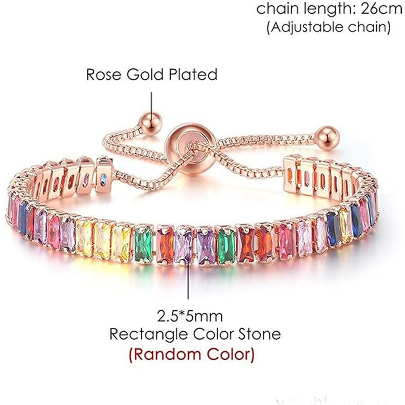 Rose Gold Plated Rectangular Cut Cubic Zirconia Multicolor Matrix Tennis Bracelet