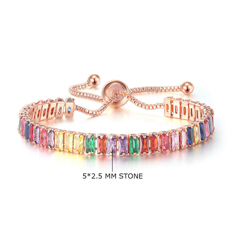 Rose Gold Plated Rectangular Cut Cubic Zirconia Multicolor Matrix Tennis Bracelet