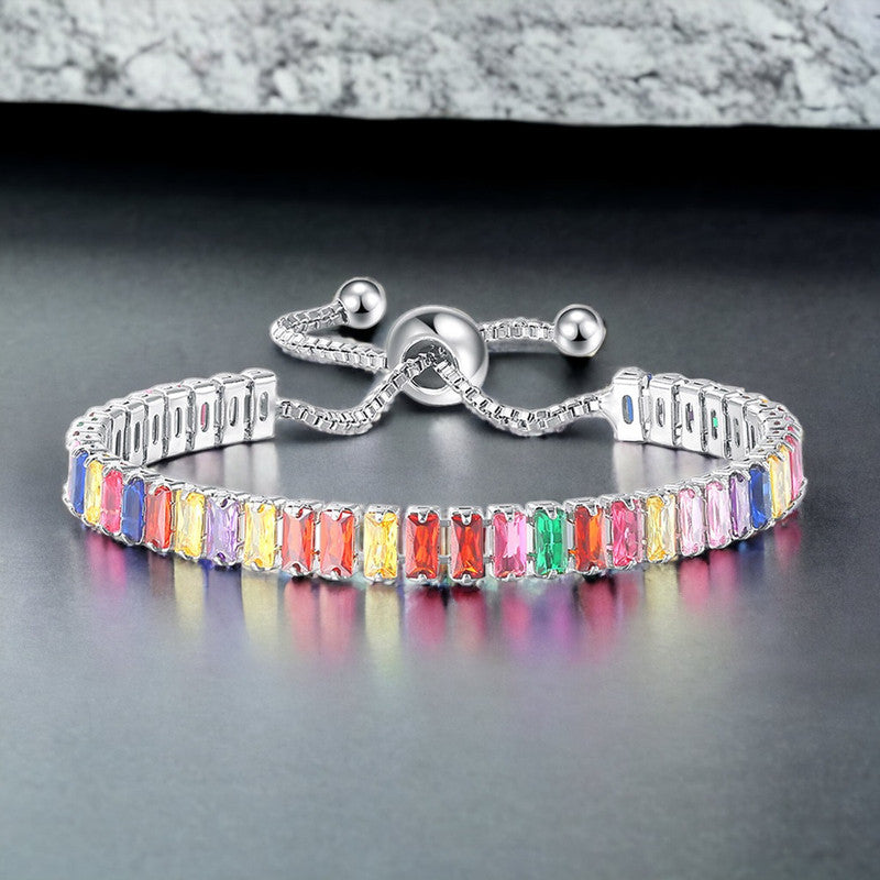 Silver Plated Rectangular Cut Cubic Zirconia Multicolor Matrix Anti Tarnish Tennis Bracelet