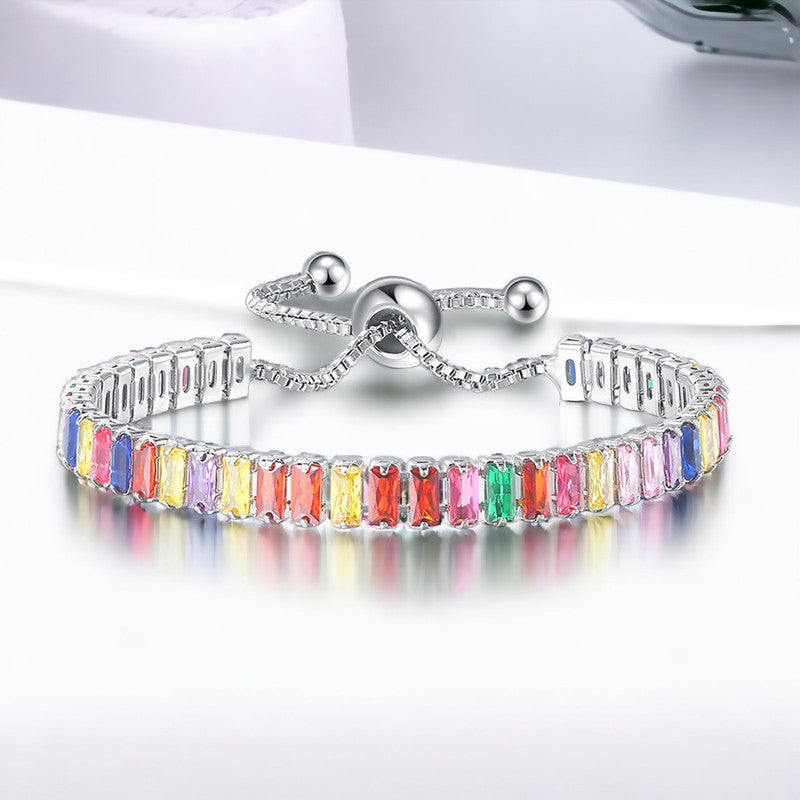 Silver Plated Rectangular Cut Cubic Zirconia Multicolor Matrix Anti Tarnish Tennis Bracelet