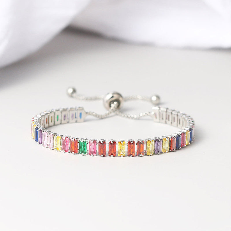 Silver Plated Rectangular Cut Cubic Zirconia Multicolor Matrix Anti Tarnish Tennis Bracelet