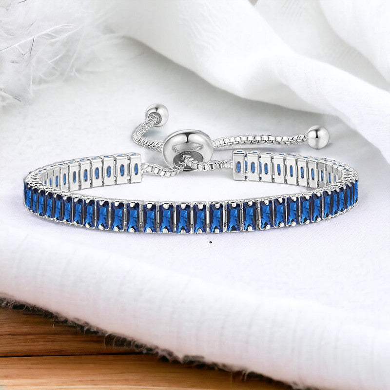 Silver Plated Rectangular Cut Cubic Zirconia Navy Blue Matrix Anti Tarnish Tennis Bracelet