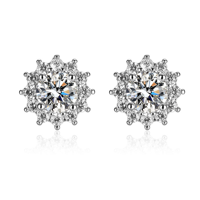 Silver Plated American Diamond Studded Anti Tarnish Floral Solitaire Stud Earrings