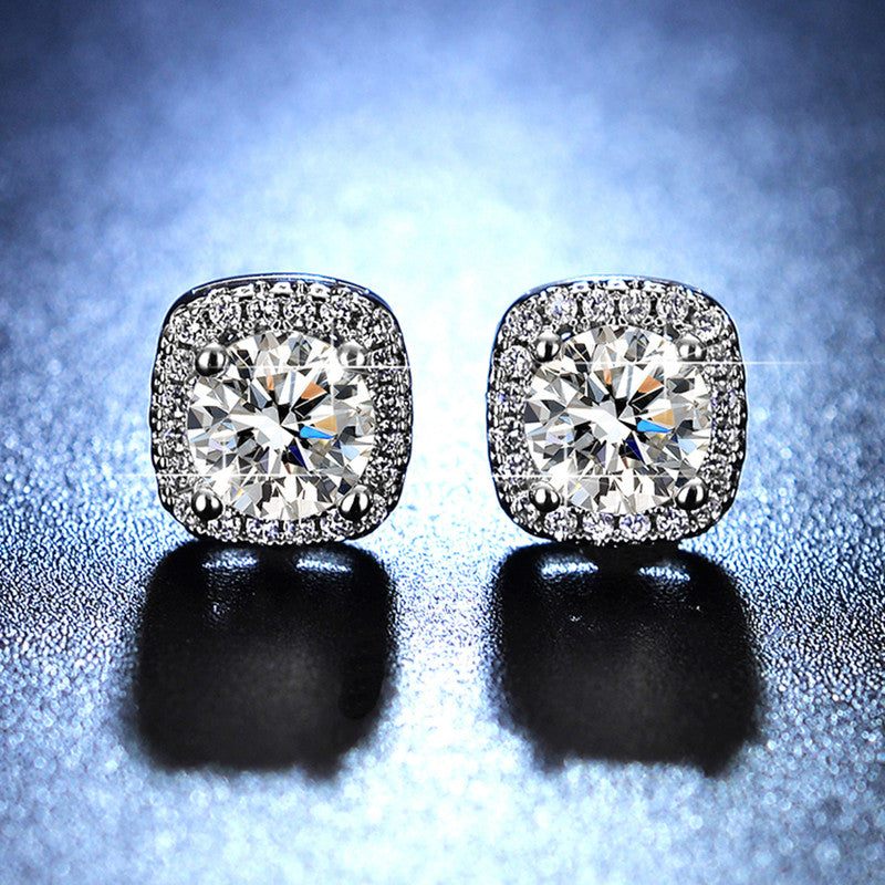 Silver Plated Crystal Studded Geometrical Anti Tarnish Solitaire Stud Earrings