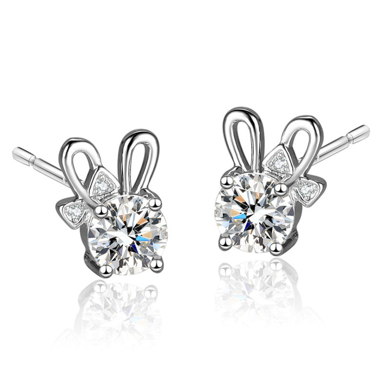 Silver Plated Crystal Studded Unique Bow Tie Clip Solitaire Stud Earrings