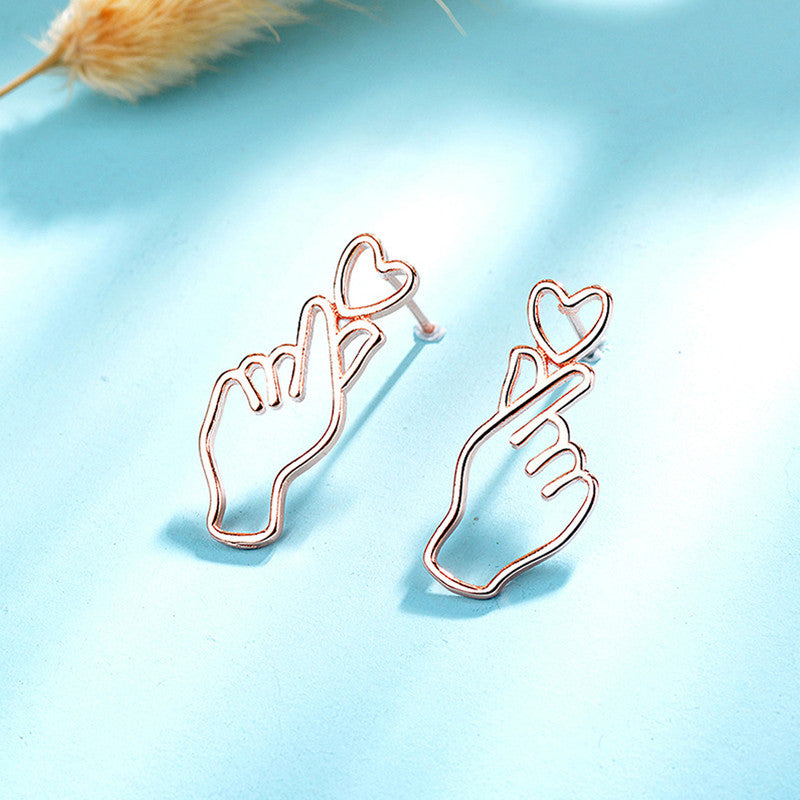 Rose Gold Plated Finger Heart Style Korean Stud Earrings