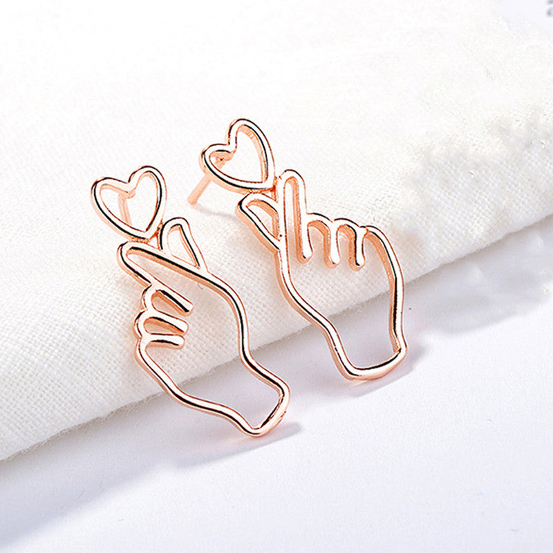 Rose Gold Plated Finger Heart Style Korean Stud Earrings