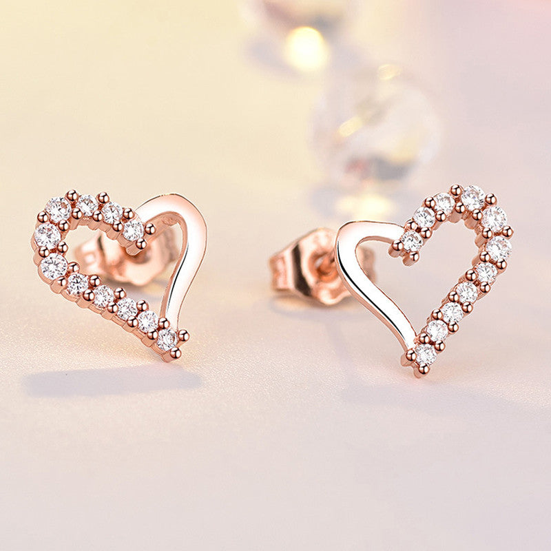 Rose Gold Plated American Diamond Studded Heart Shape Korean Stud Earrings