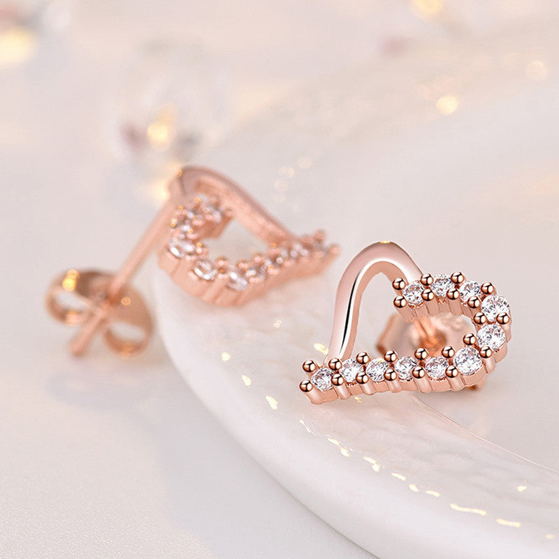 Rose Gold Plated American Diamond Studded Heart Shape Korean Stud Earrings