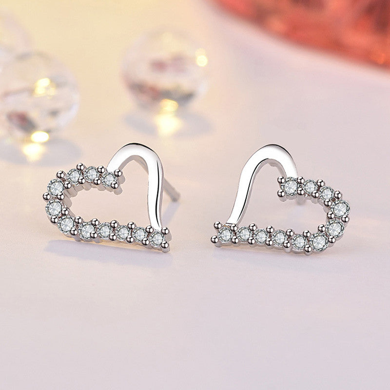 Silver Plated American Diamond Studded Heart Shape Korean Stud Earrings