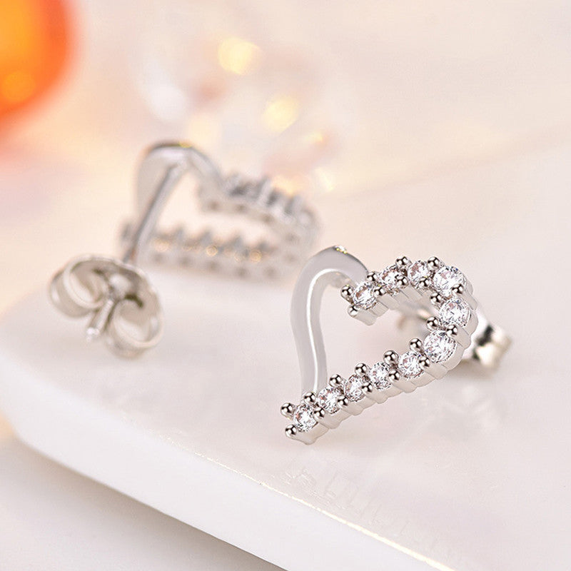 Silver Plated American Diamond Studded Heart Shape Korean Stud Earrings