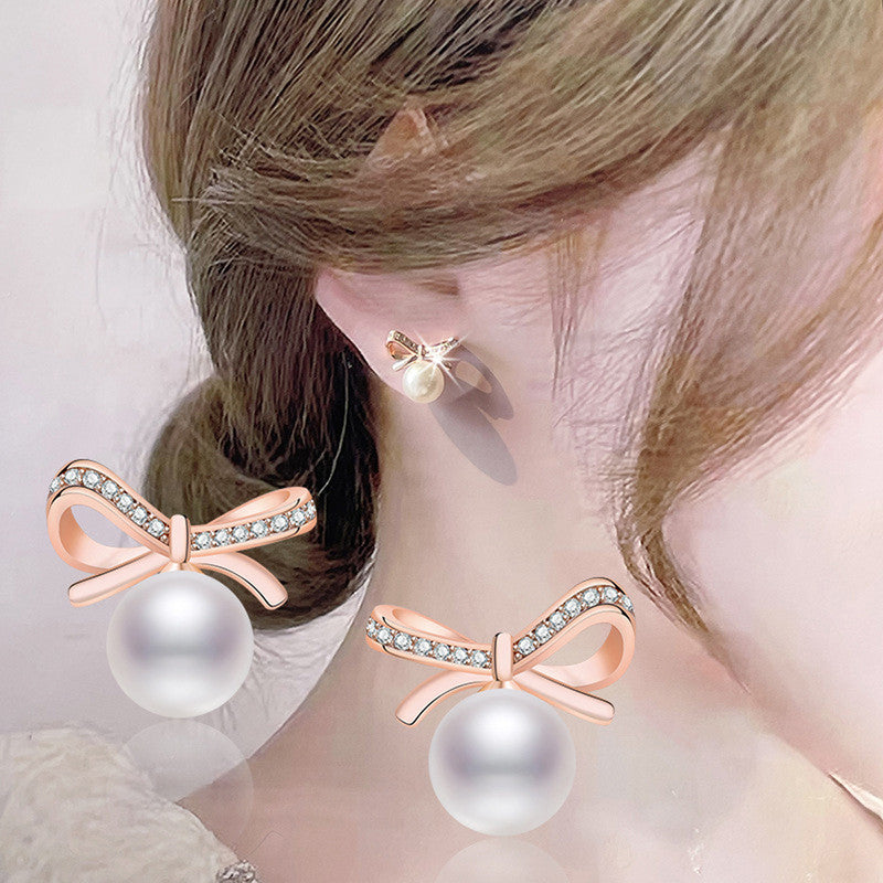 Rose Gold Plated American Diamond Studded Bow-Tie Shape Korean Stud Earrings