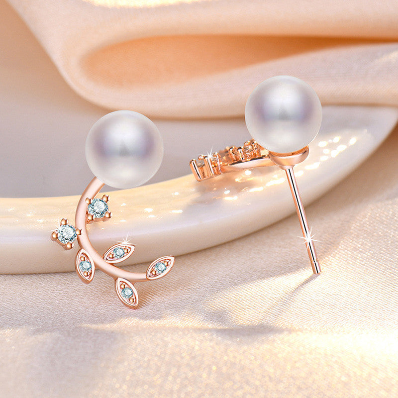 Rose Gold Plated American Diamond Studded Pearl Leaf Korean Stud Earrings