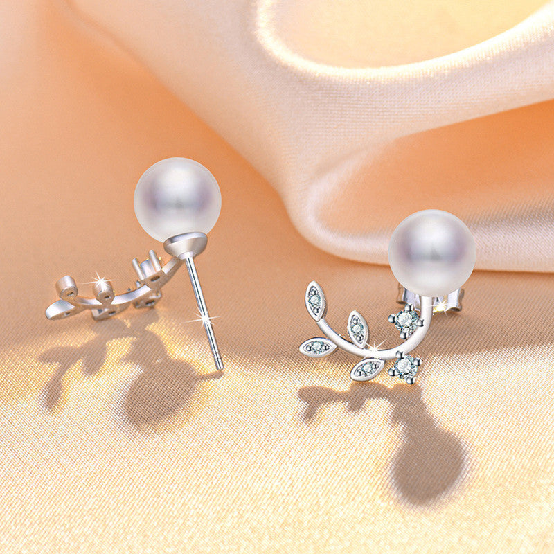 Silver Plated American Diamond Studded Pearl Leaf Korean Stud Earrings