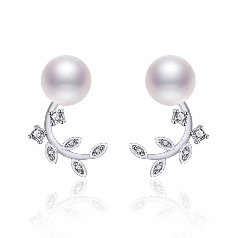 Silver Plated American Diamond Studded Pearl Leaf Korean Stud Earrings