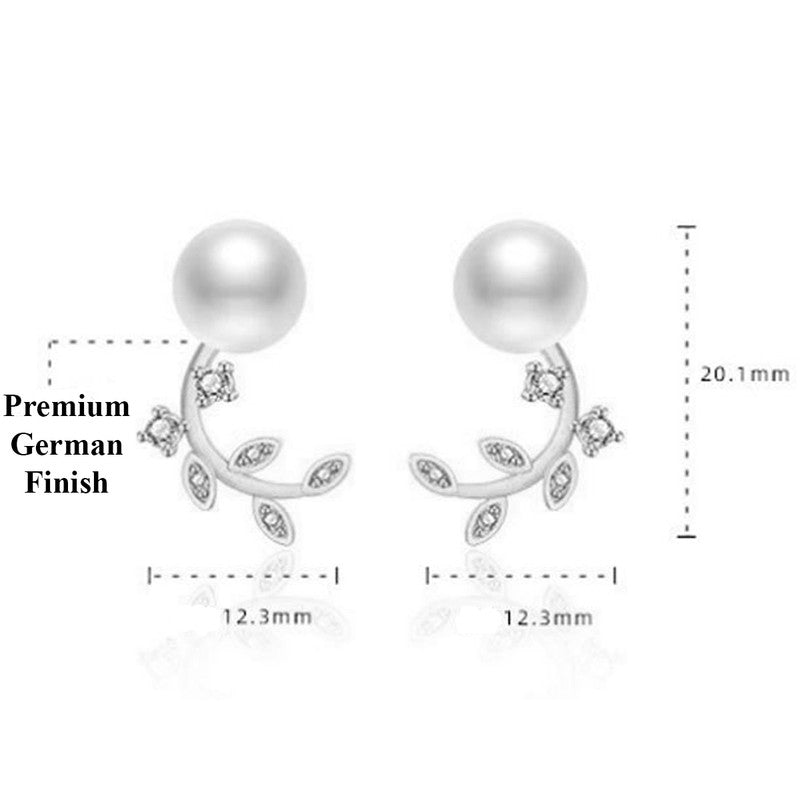 Silver Plated American Diamond Studded Pearl Leaf Korean Stud Earrings