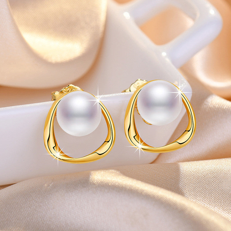 Gold Plated Triangle Shaped Pearl Studded Korean Stud Earrings