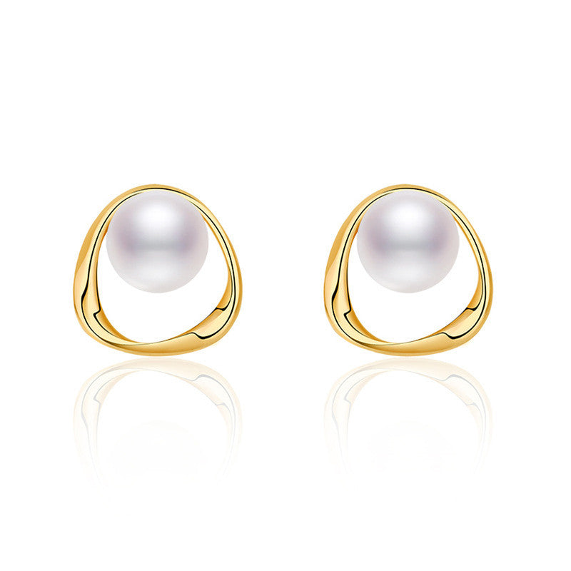 Gold Plated Triangle Shaped Pearl Studded Korean Stud Earrings