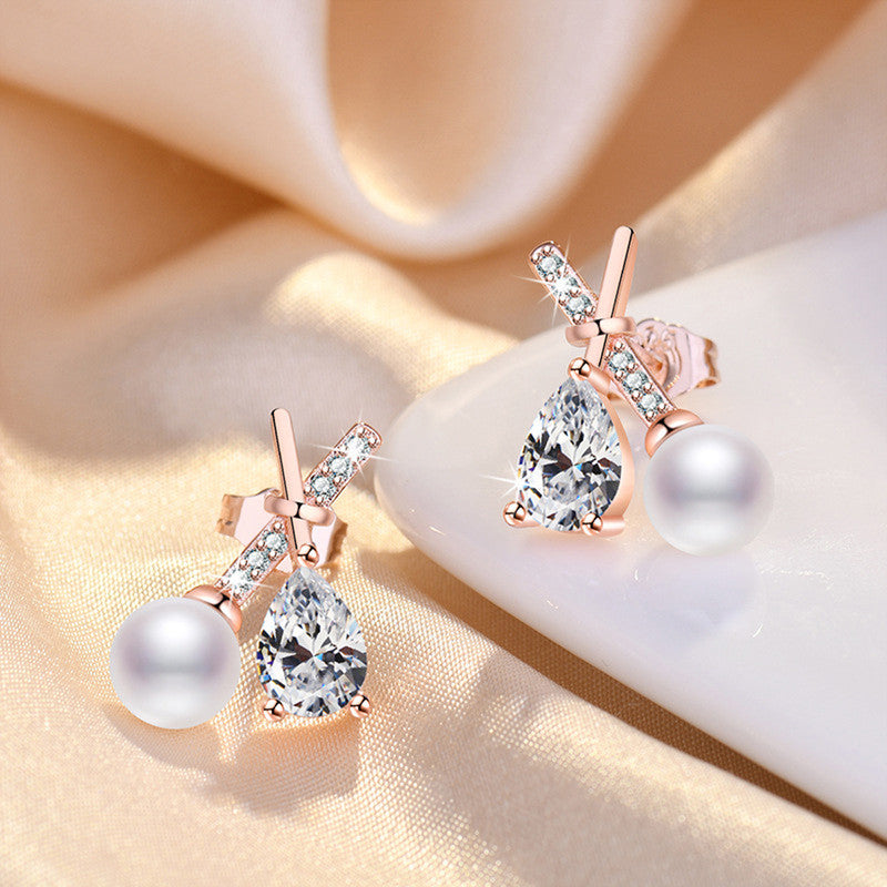 Rose Gold Plated American Diamond Studded Cross Shape Korean Stud Earrings