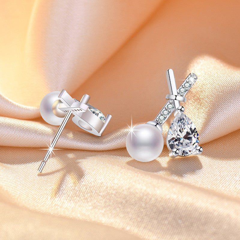 Silver Plated American Diamond Studded Cross Shape Korean Stud Earrings