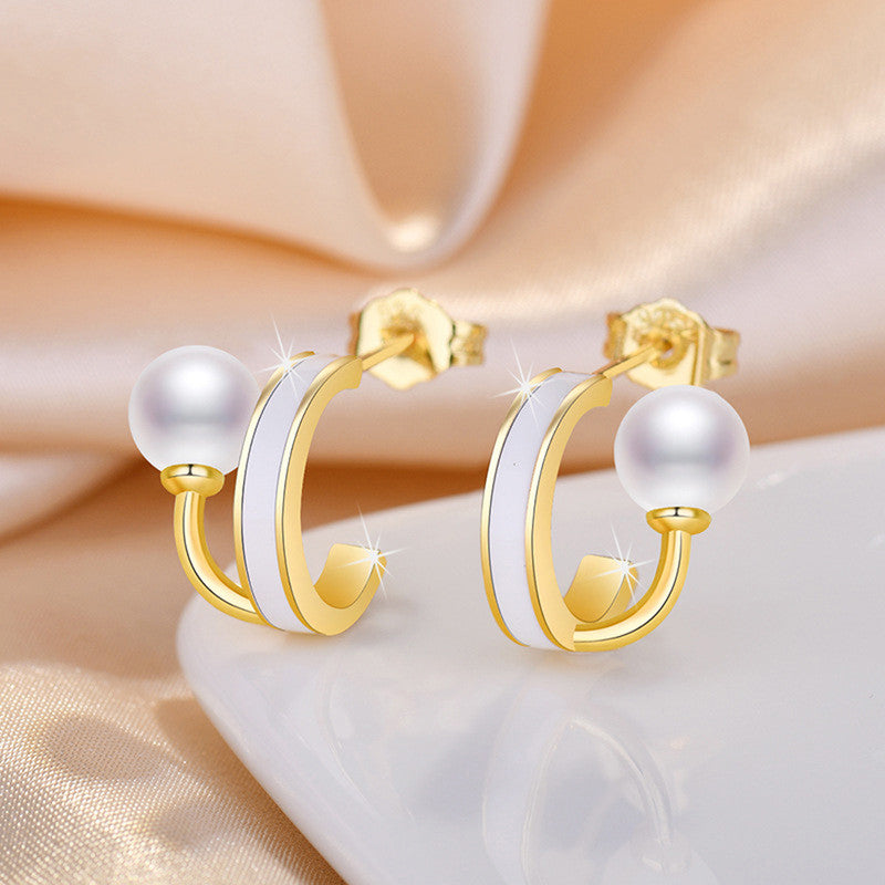 Gold Plated Freshwater Pearl Studded Retro Stud Earrings