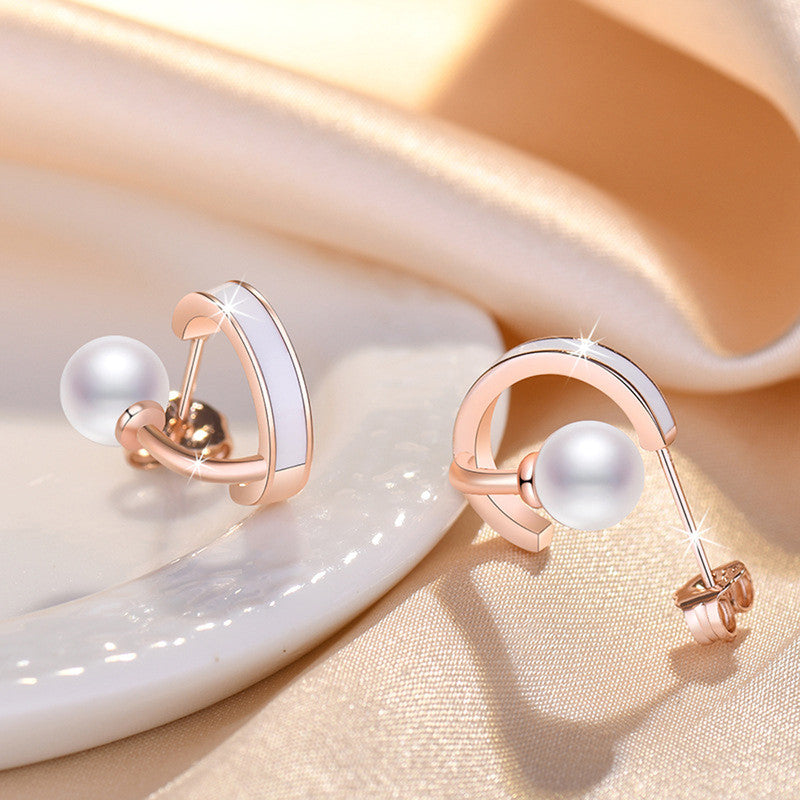 Rose Gold Plated Freshwater Pearl Studded Retro Stud Earrings