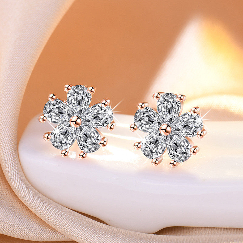 Rose Gold Plated American Diamond Studded Floral Korean Stud Earrings