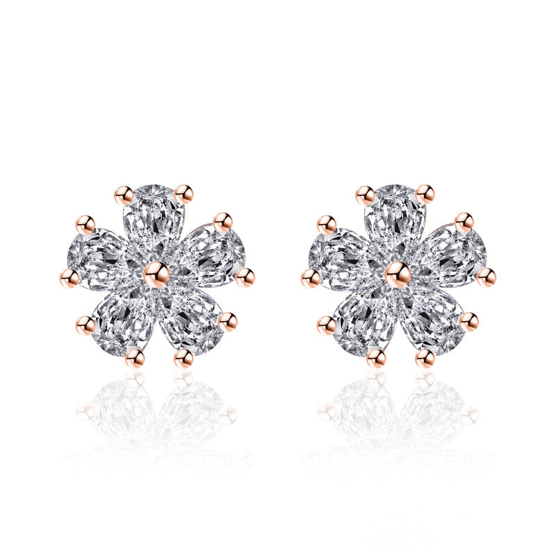 Rose Gold Plated American Diamond Studded Floral Korean Stud Earrings