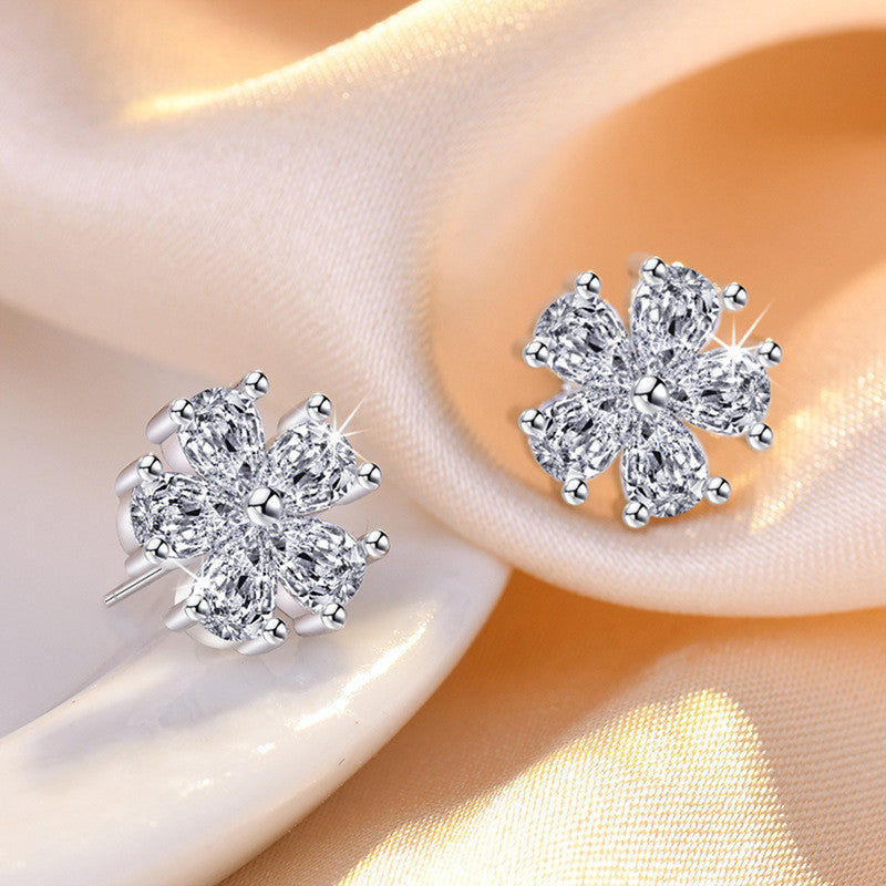 Silver Plated American Diamond Studded Floral Korean Stud Earrings