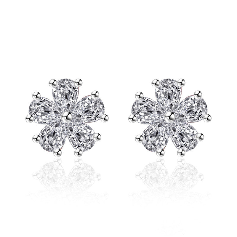 Silver Plated American Diamond Studded Floral Korean Stud Earrings