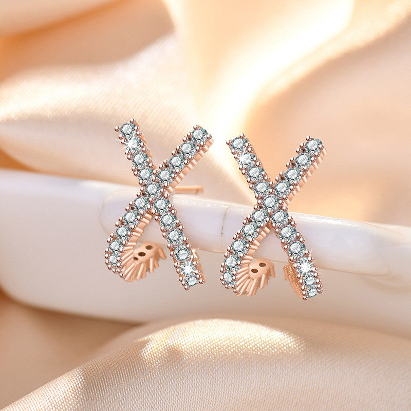 Rose Gold Plated American Diamond Studded Cross Shape Korean Stud Earrings