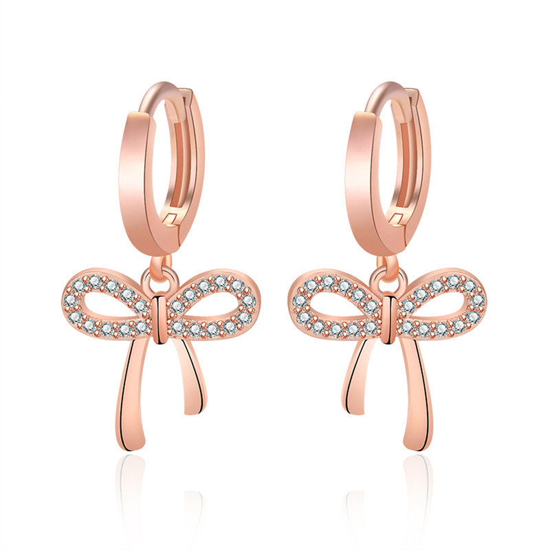 Rose Gold Plated American Diamond Studded Bow-Tie Shape Korean Stud Earrings