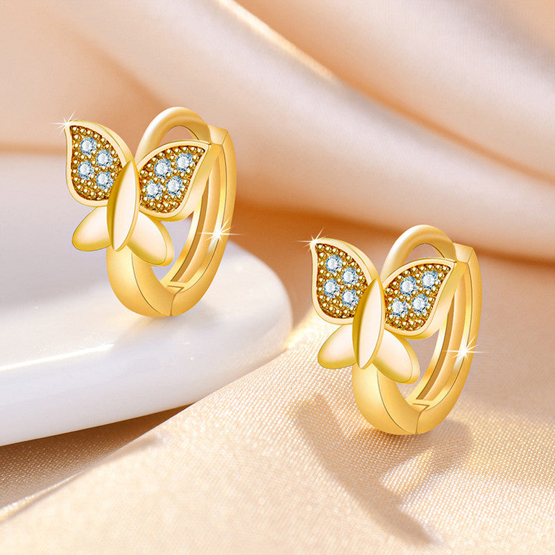 Gold Plated American Diamond Studded Butterfly Shape Korean Hoop Earrings