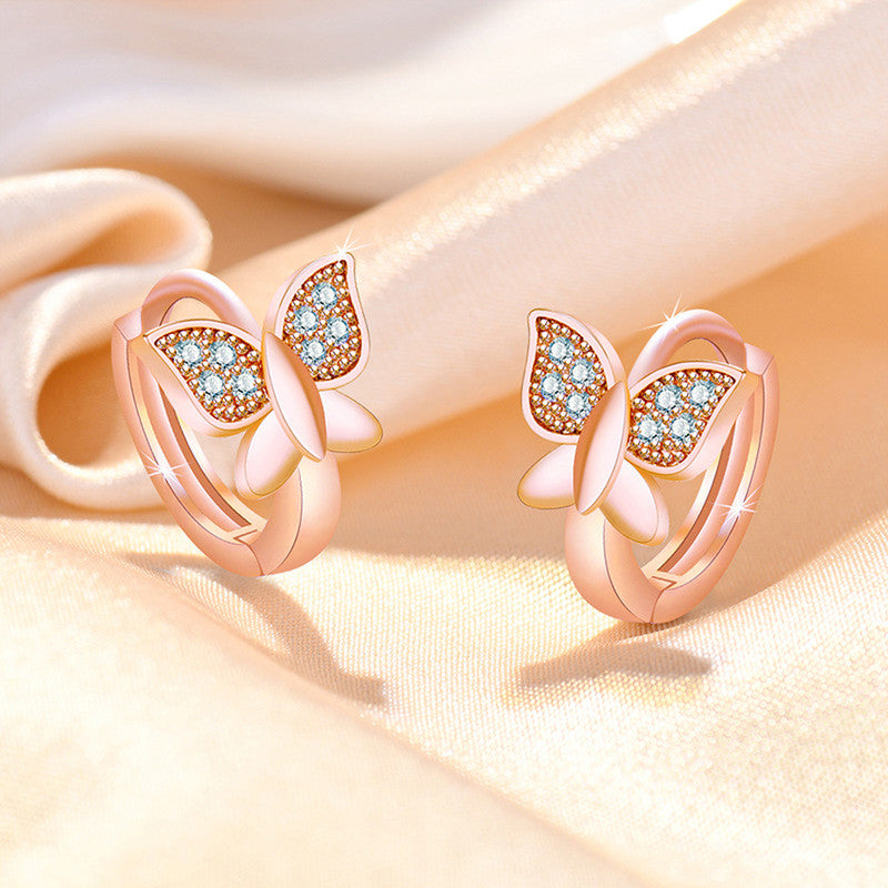 Rose Gold Plated American Diamond Studded Butterfly Shape Korean Hoop Earrings